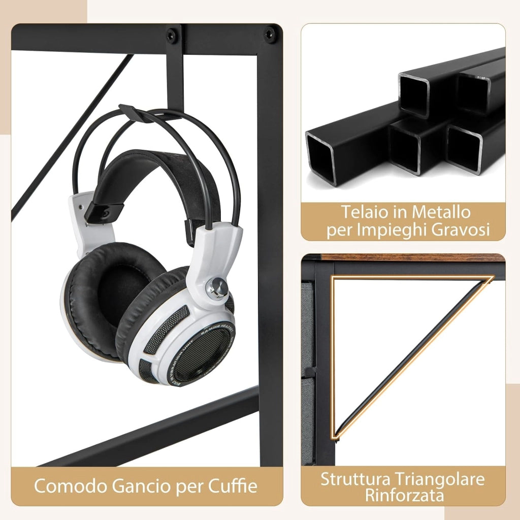 Scrivania da 120CM/140CM con 2 Cassetti, Gancio e Ripiano, Moderna e Multiuso per Studio, Ufficio e Camera da Letto, Marrone Rustico e Nero (140 x 75 x 60 cm)