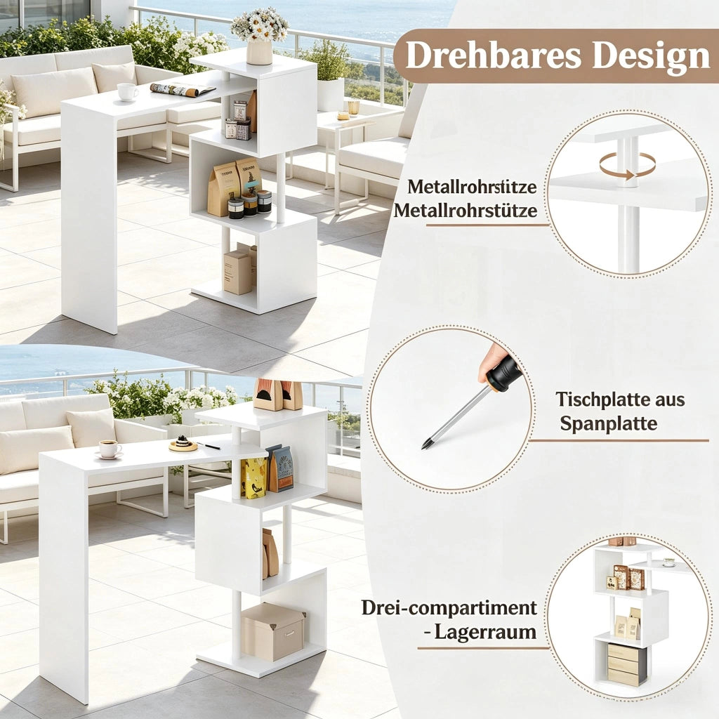 Tavolo da bar multifunzionale con 3 ripiani, per cucina e soggiorno, in MDF e metallo, bianco, 97,5 × 38 × 100 cm