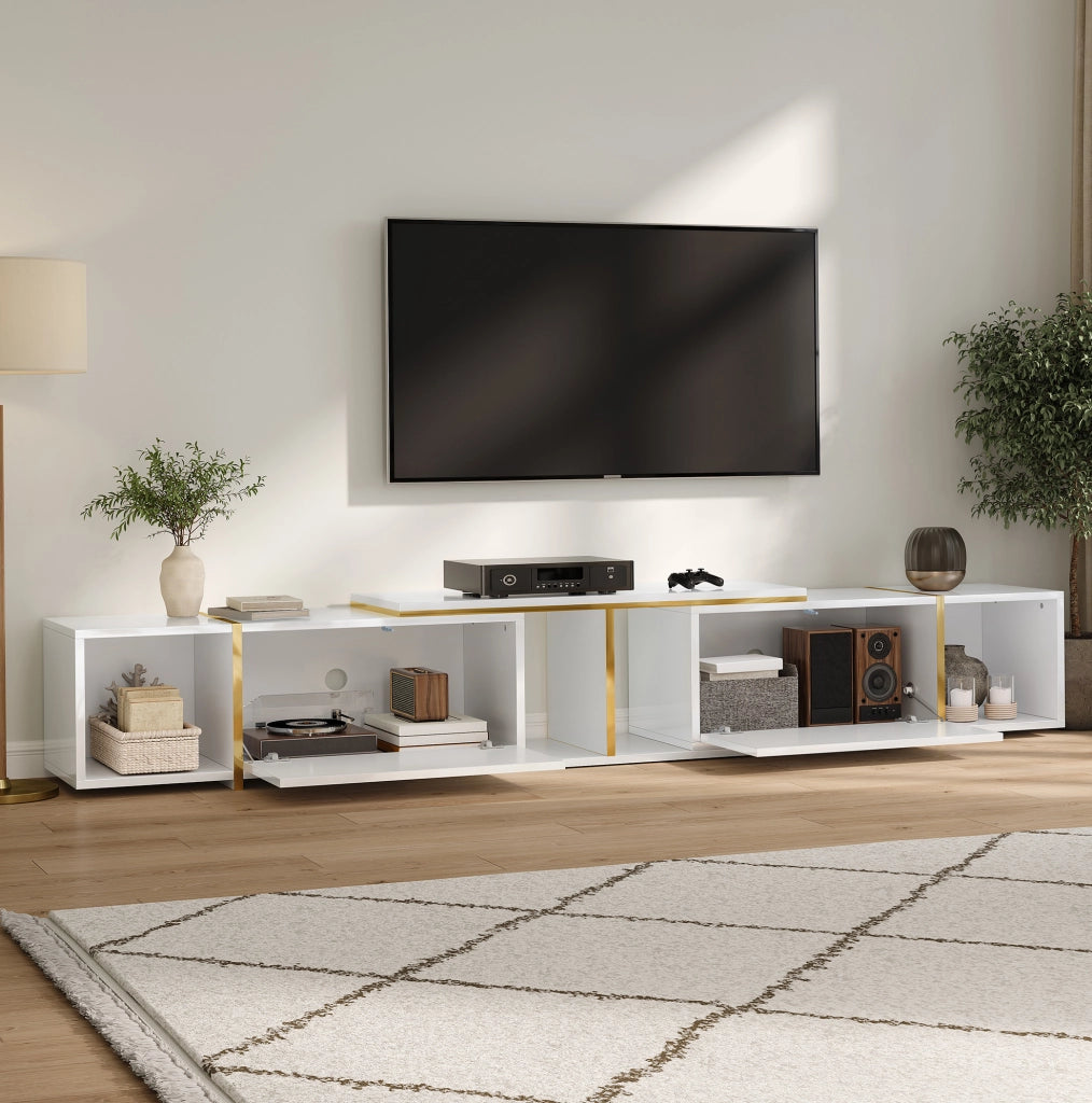 Mobile TV estensibile in truciolare bianco con frontali lucidi e vani aperti