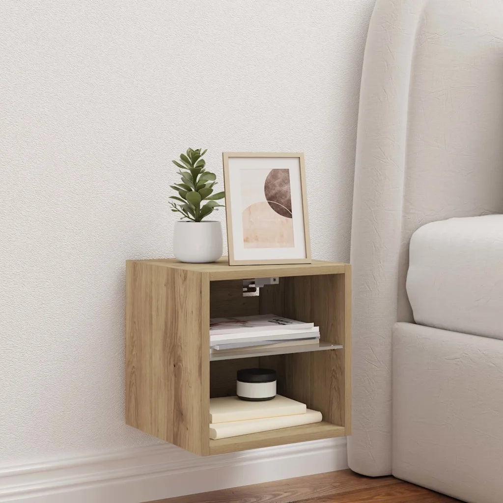 Mobile TV a Parete con Luci LED Rovere Artigianale 30x28,5x30cm