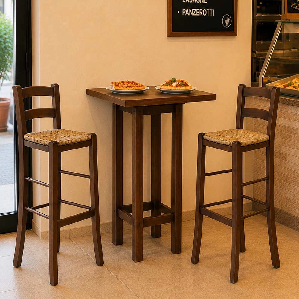 Sgabello alto da bar in legno noce scuro h 80 cm con schienale seduta in paglia