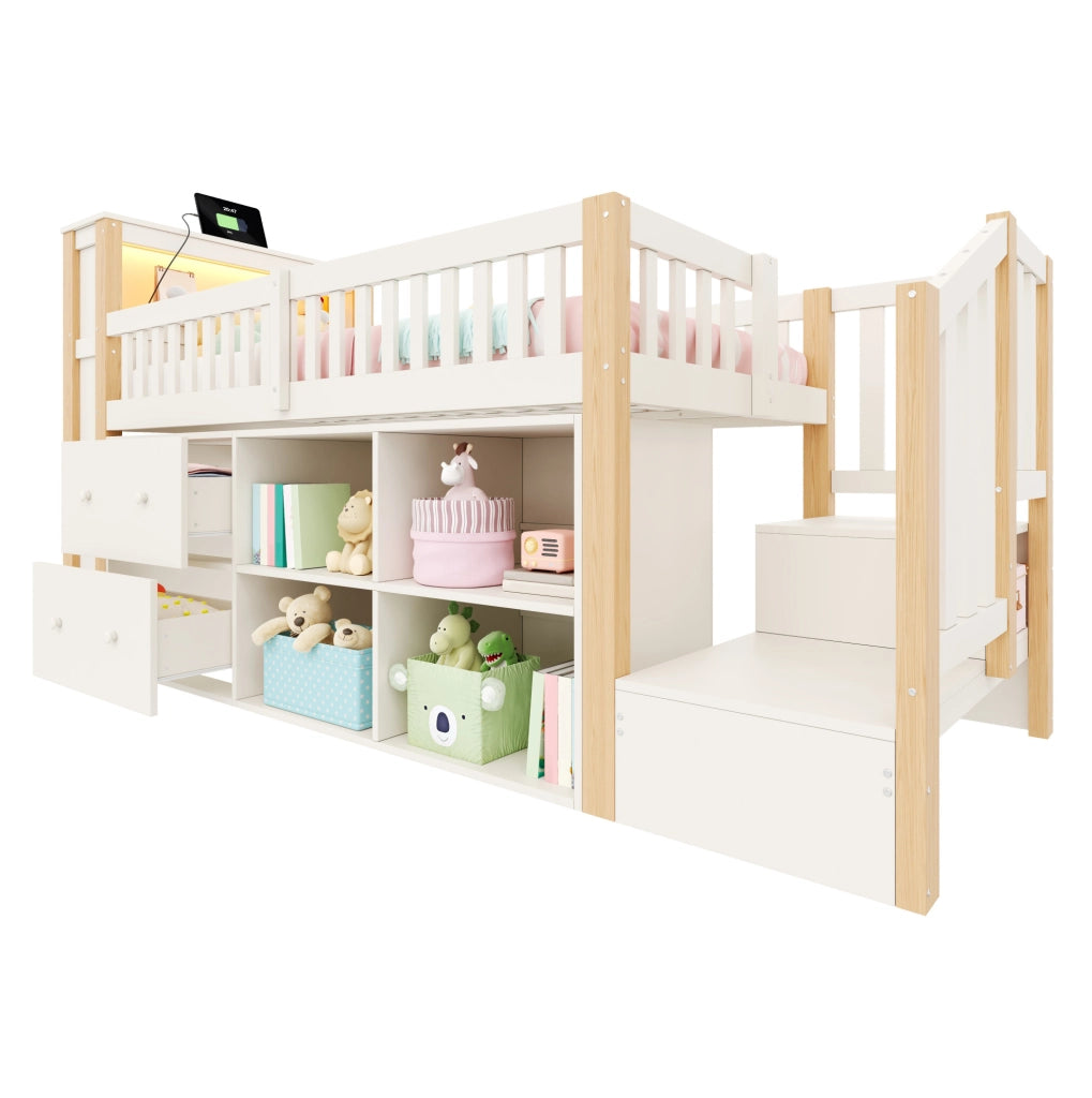 Letto a soppalco 90x200 cm con scrivania, LED e vani