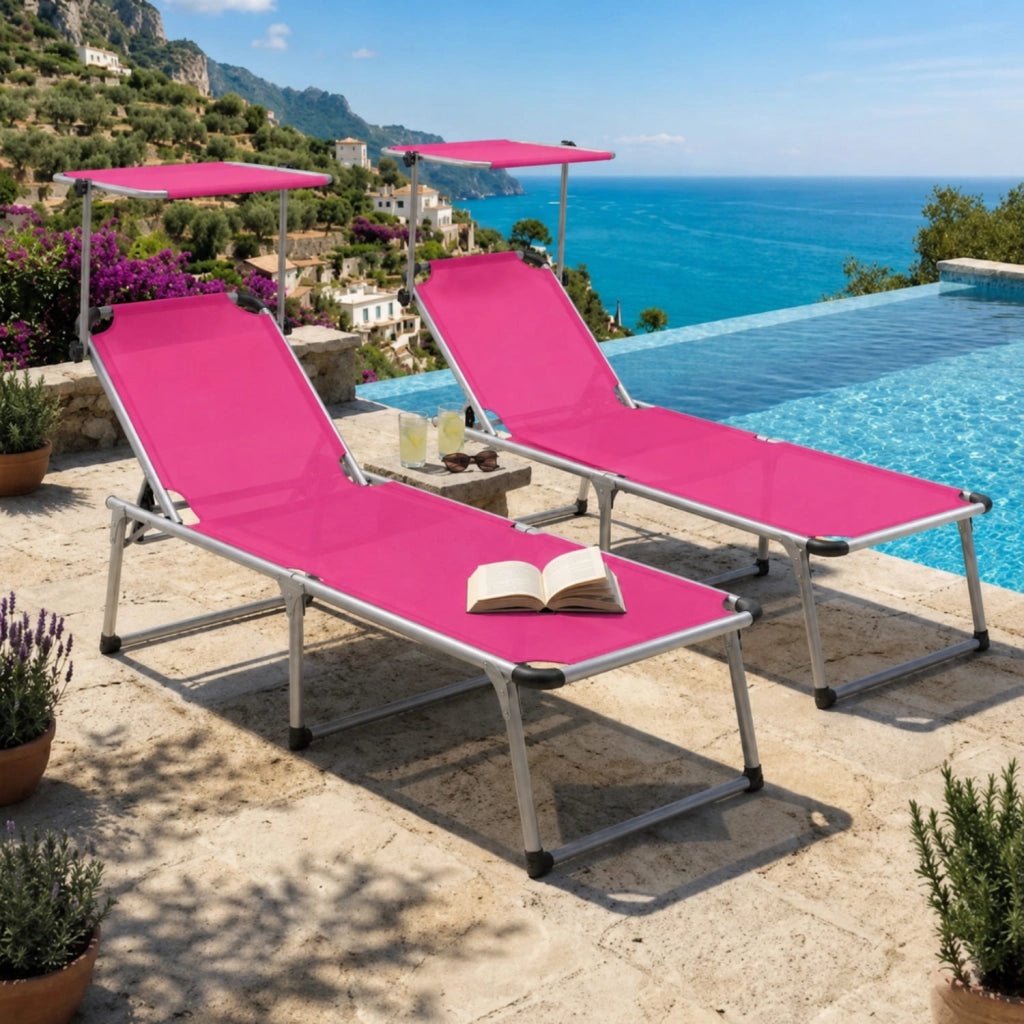 Prendisole Coppia Di Lettini Pieghevole Tettuccio Parasole Schienale Reclinabile Regolabile 6 Posizioni Struttura In Alluminio Sedia Sdraio Spiaggia Mare Giardino Piscina 187 x 59 x 29 Cm Rosa