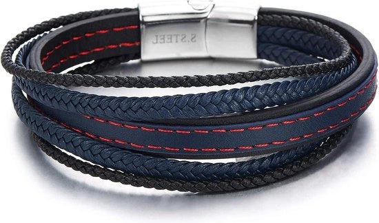 Cinturino in pelle intrecciata a motivi blu mare nero rosso per uomo e donna con chiusura in acciaio inox.