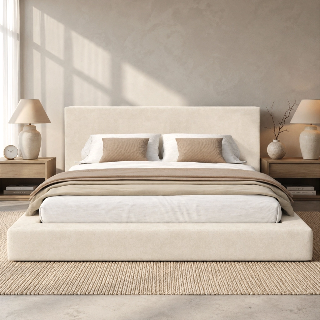 LETTO Imbottito 180x200 cm con Rete a Doghe in Chenille Beige
