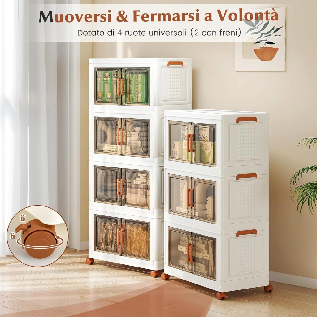 Contenitori Pieghevoli con Coperchio, Set da 4/3 Scatole di Plastica Impilabili con Ruote, per Organizzatore di Armadio con Porte a Apertura Frontale, Multiuso (62,5 x 34,5 x 130,5 cm)
