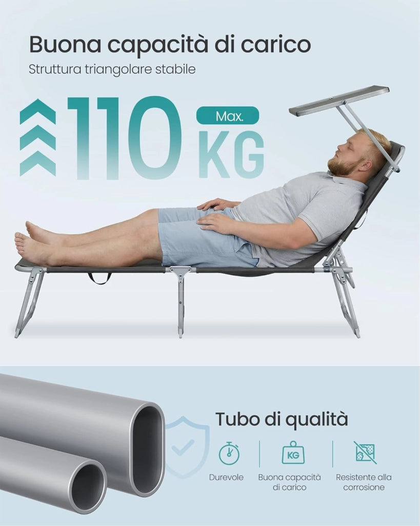 SONGMICS Sedie a Sdraio Pieghevoli, 189 x 53 x 28,5 cm, Lettini Prendisole, Portata 110 kg Ciascuno, Parasole e Schienale Regolabili, per Terrazza e Balcone, Set da 2, Nero GCB294BZ02