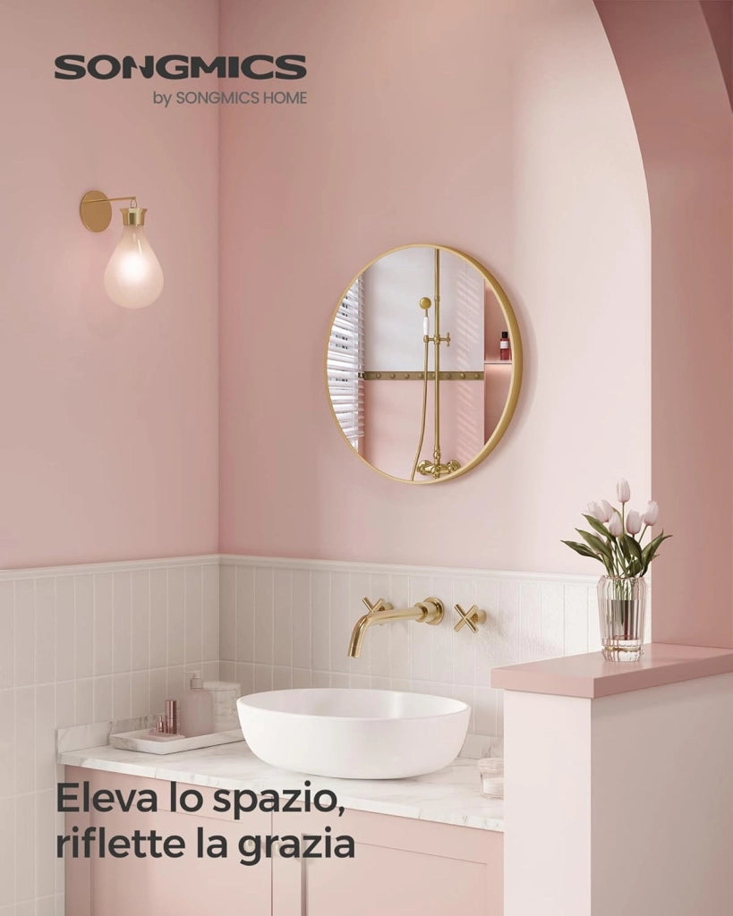 SONGMICS Specchio da Parete Rotondo, 61 cm, Specchio da Bagno, Cornice in Metallo, Facile da Montare, Specchio Moderno per Soggiorno Camera da Letto Ingresso, Oro Metallico LWM102A01