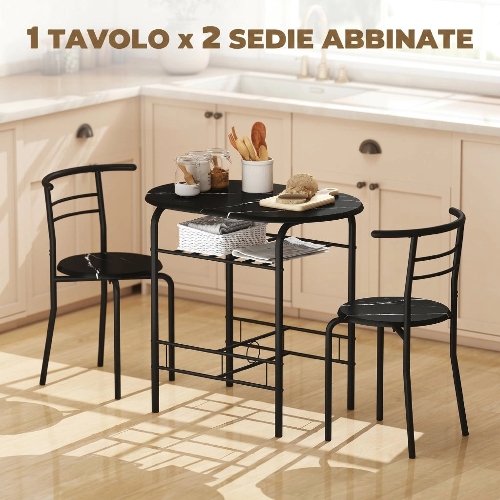Set Tavolo Moderno con 2 Sedie per Sala da Pranzo Design Salvaspazioin MDF e Metallo Marrone e Nero
