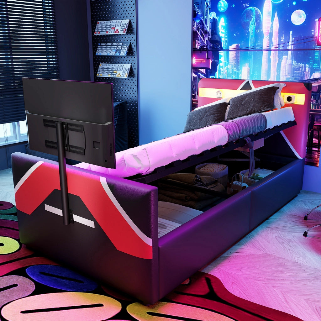 Letto per bambini 90 × 200 cm con LED a colori, contenitore idraulico et supporto TV, senza materasso, nero