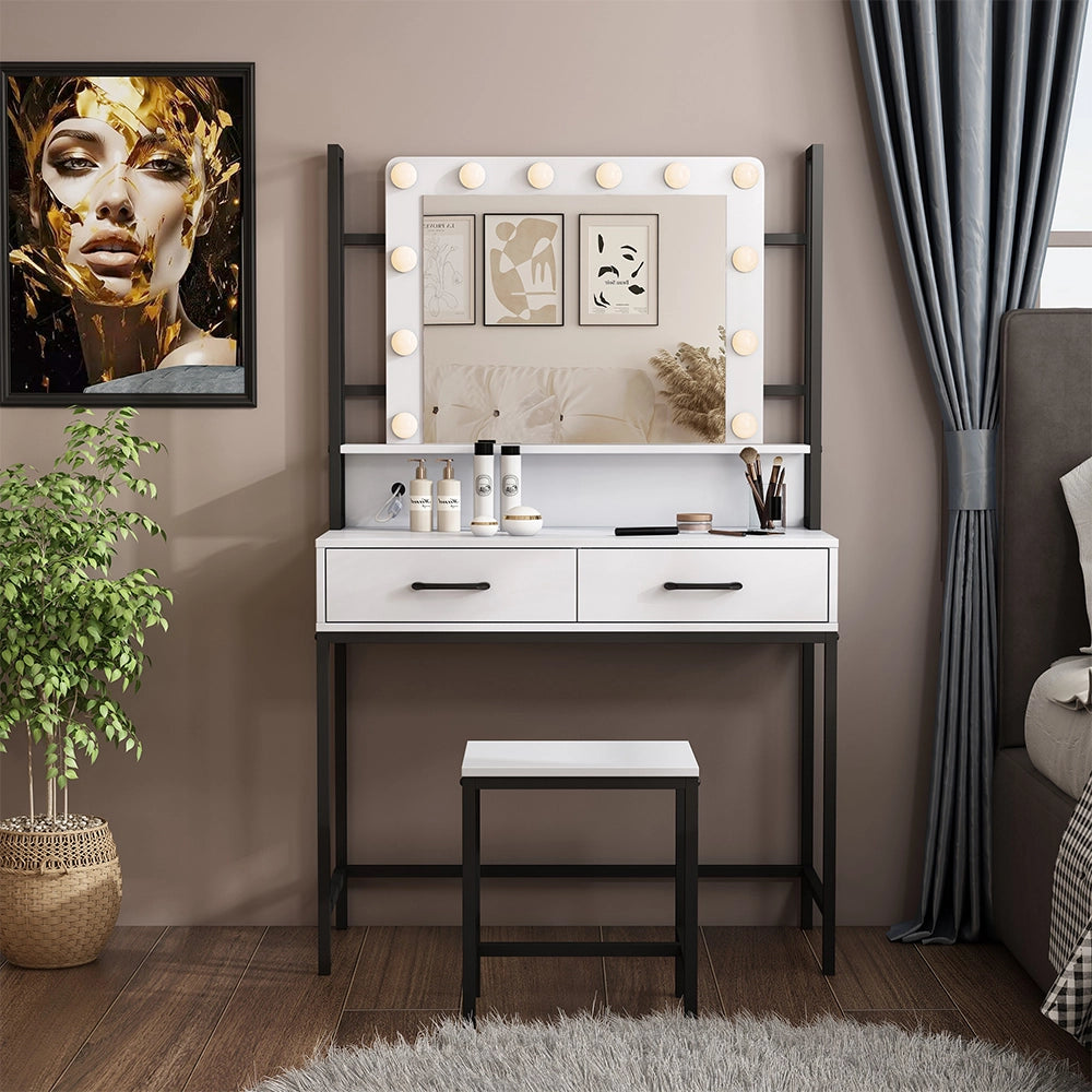 Vicco Tavolo da toilette Bianco 90 cm Con illuminazione a LED e sgabello