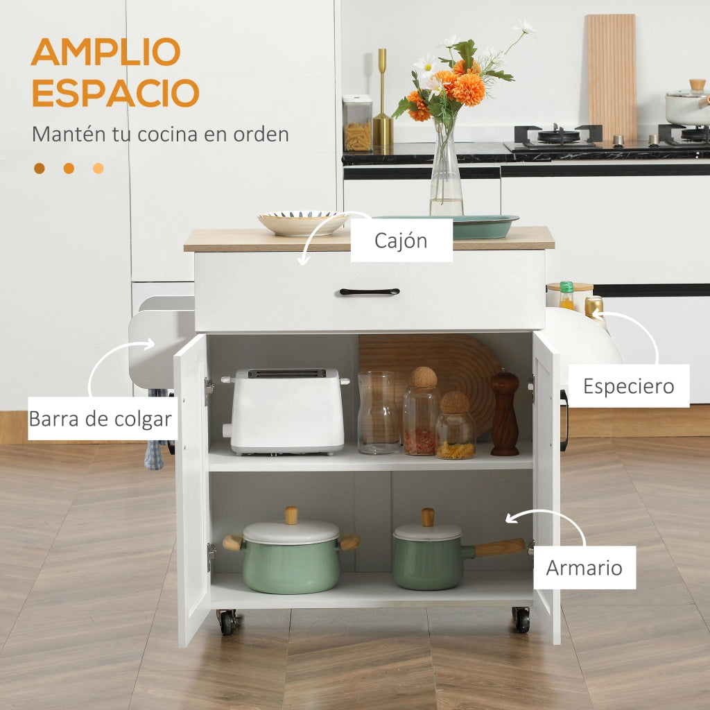 Carrello da Cucina con Cassetto, Ante, Appendiabiti e Spice Rack ¨C Zephmum ¨C Bianco 105x36x85 cm