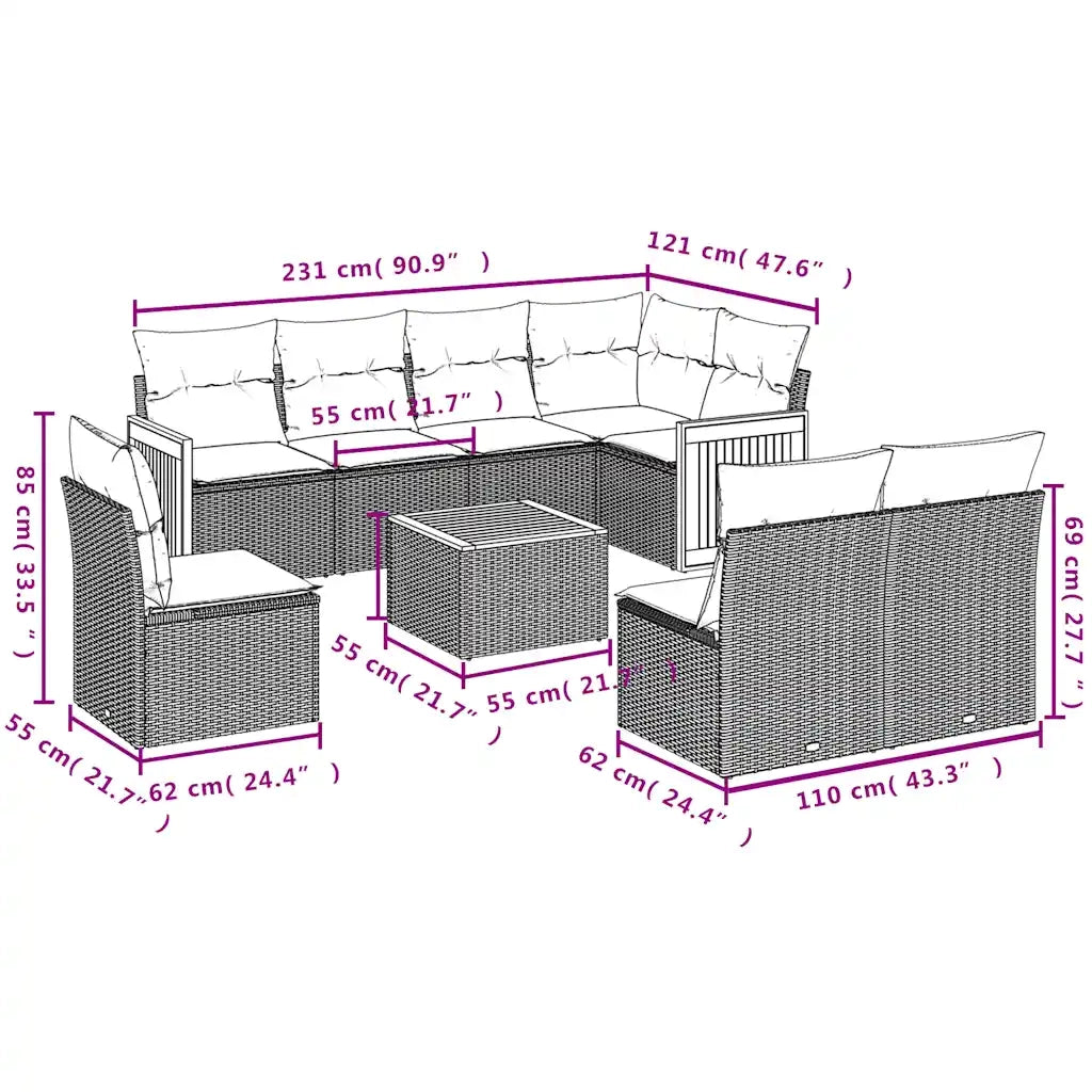 Set Divani da Giardino 9 pz con Cuscini Nero in Polyrattan 3227730