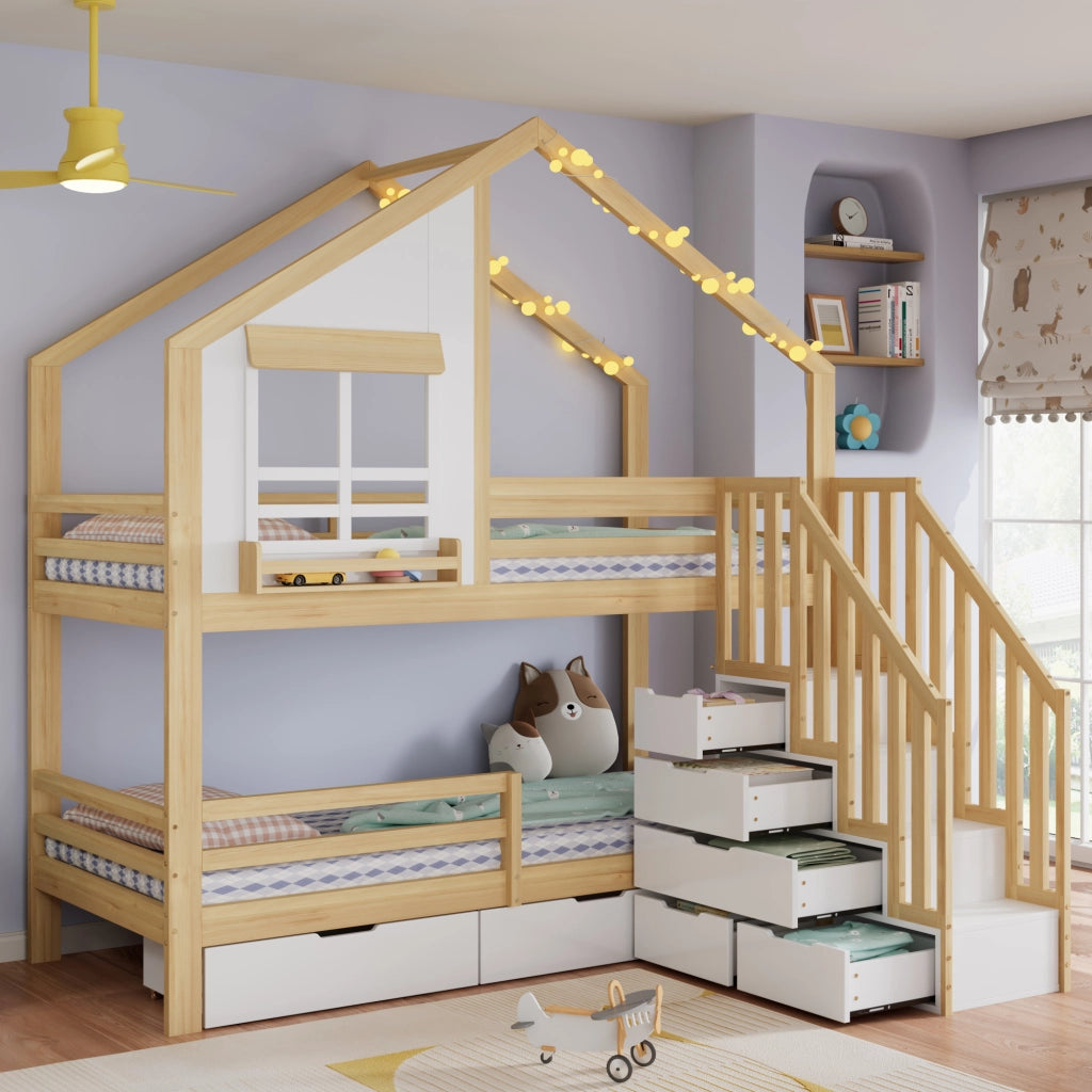 Letto a Castello 90x200 cm - 2 Cassetti; Scala Contenitore e Finestre - Bianco e Naturale