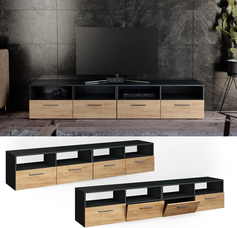 Mobile tv Diego, Antracite, 190 x 38 cm, adatto come supporto TV con ripiani aperti