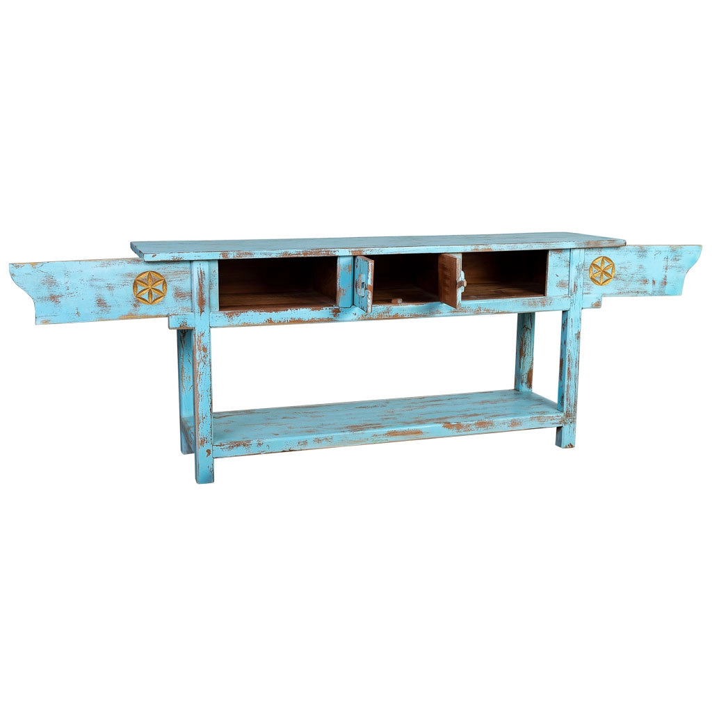 Mobile da ingresso in legno artigianale blu invecchiato 181x45x80h cm