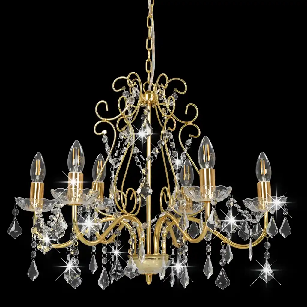 Lampadario con Perline di Cristallo Dorato Tondo 6 E14 CFW5185650