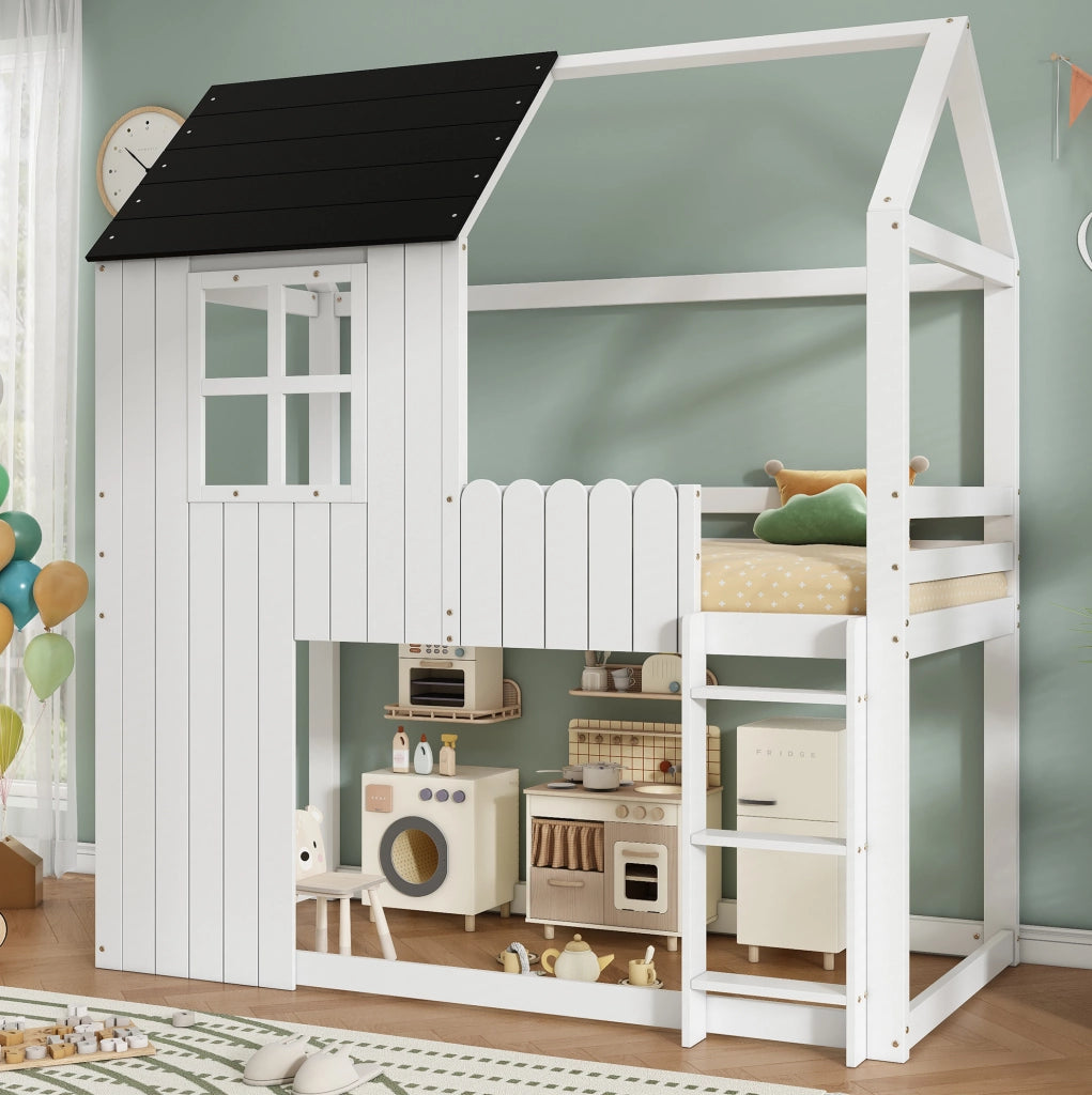Letto a soppalco per bambini 90x200 cm con design casetta e scala