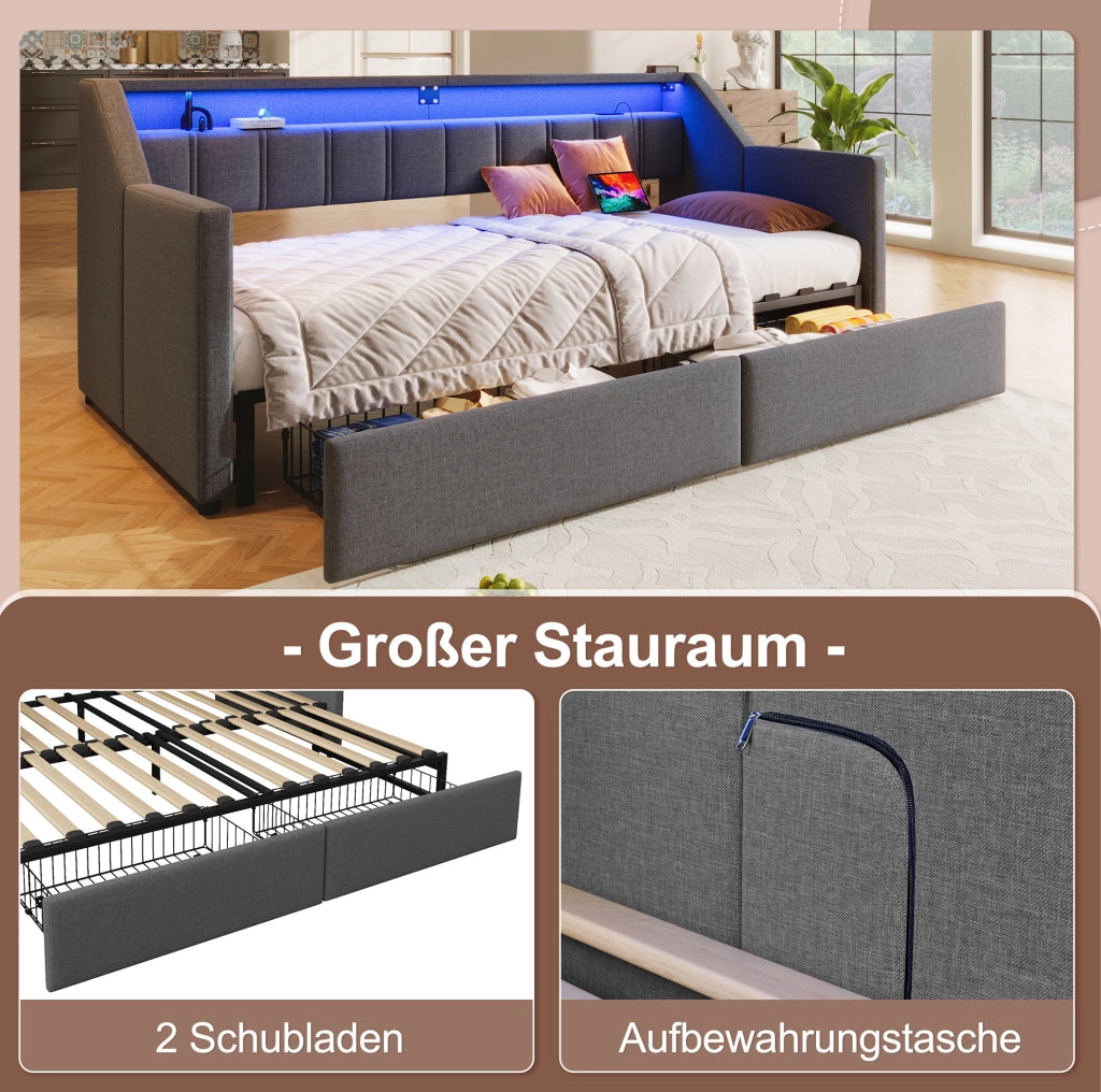 Letto singolo estraibile 90x200 con LED, USB-C e cassetti