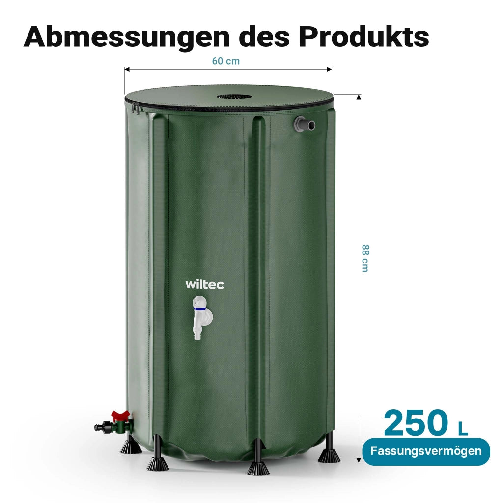 Serbatoio acqua piovana pieghevole da 250 l, con coperchio e rubinetto, contenitore raccolta acqua piovana in PVC da 620 g/m² con attacco per tubo