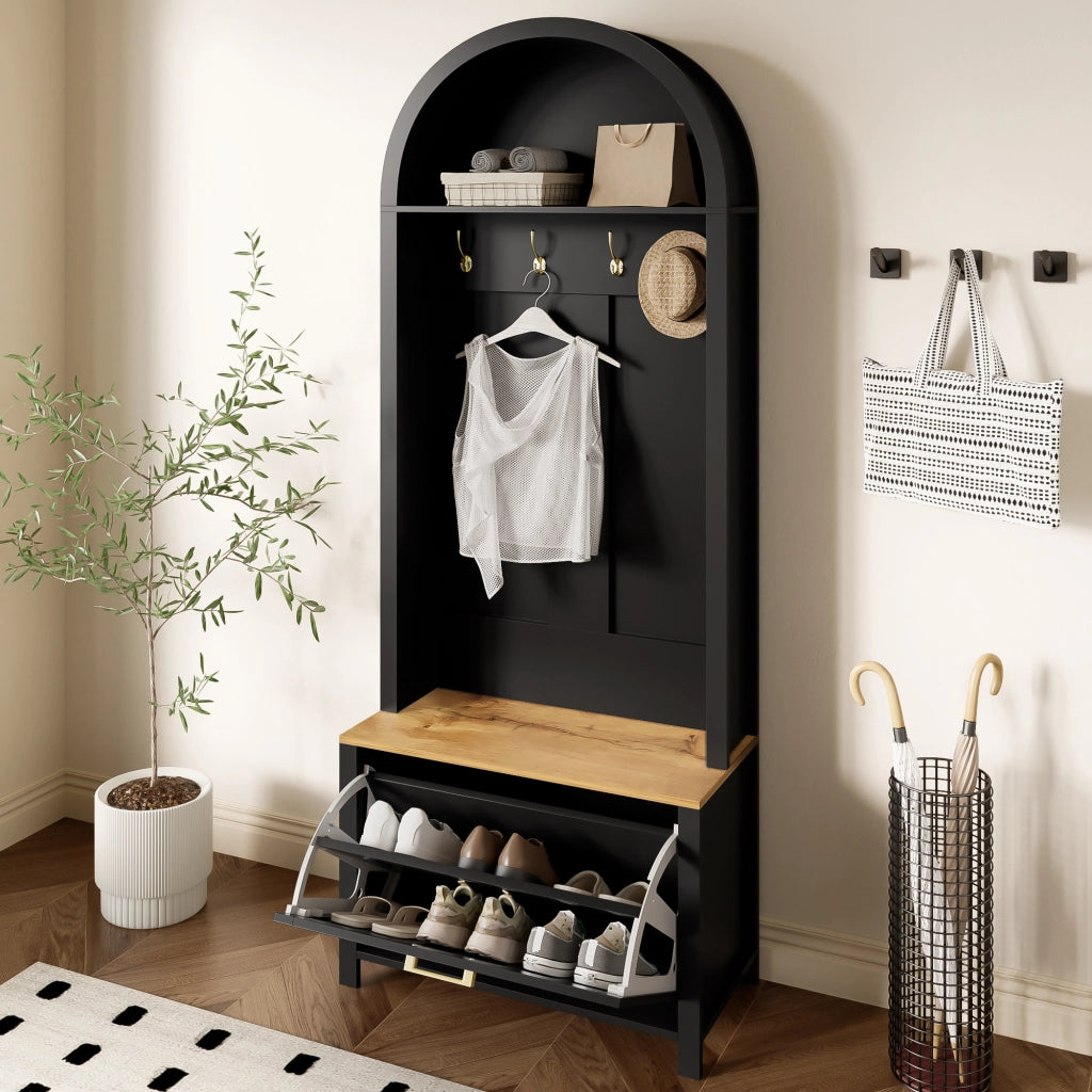 Mobile Ingresso Appendiabiti a Albero con Mensola e Scarpiera; in MDF; Nero e Legno; 75??35??195 cm