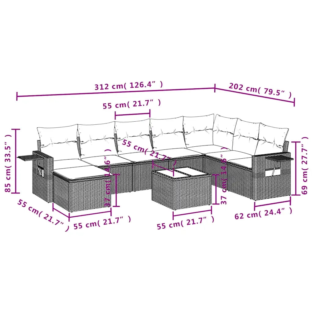 Set Divani da Giardino 9 pz con Cuscini Marrone in Polyrattan 3220573
