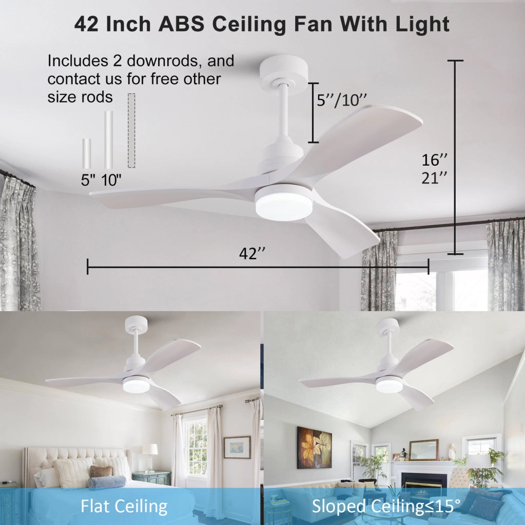 Ventilatore da soffitto 42" con luce LED, telecomando, 3 pale ABS, bianco