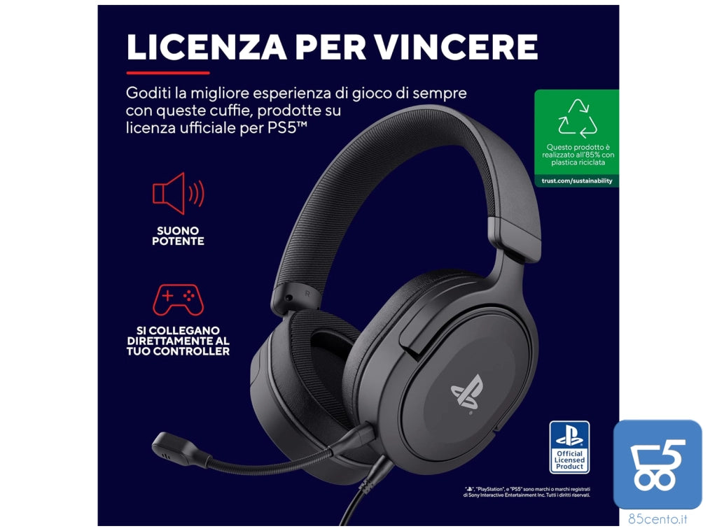 Cuffie Trust Gaming GXT 498 Forta PS5 PS4 Licenza Ufficiale PlayStation Cavo da 1,2 m Microfono Staccabile, Jack Audio 3.5 mm - Nero