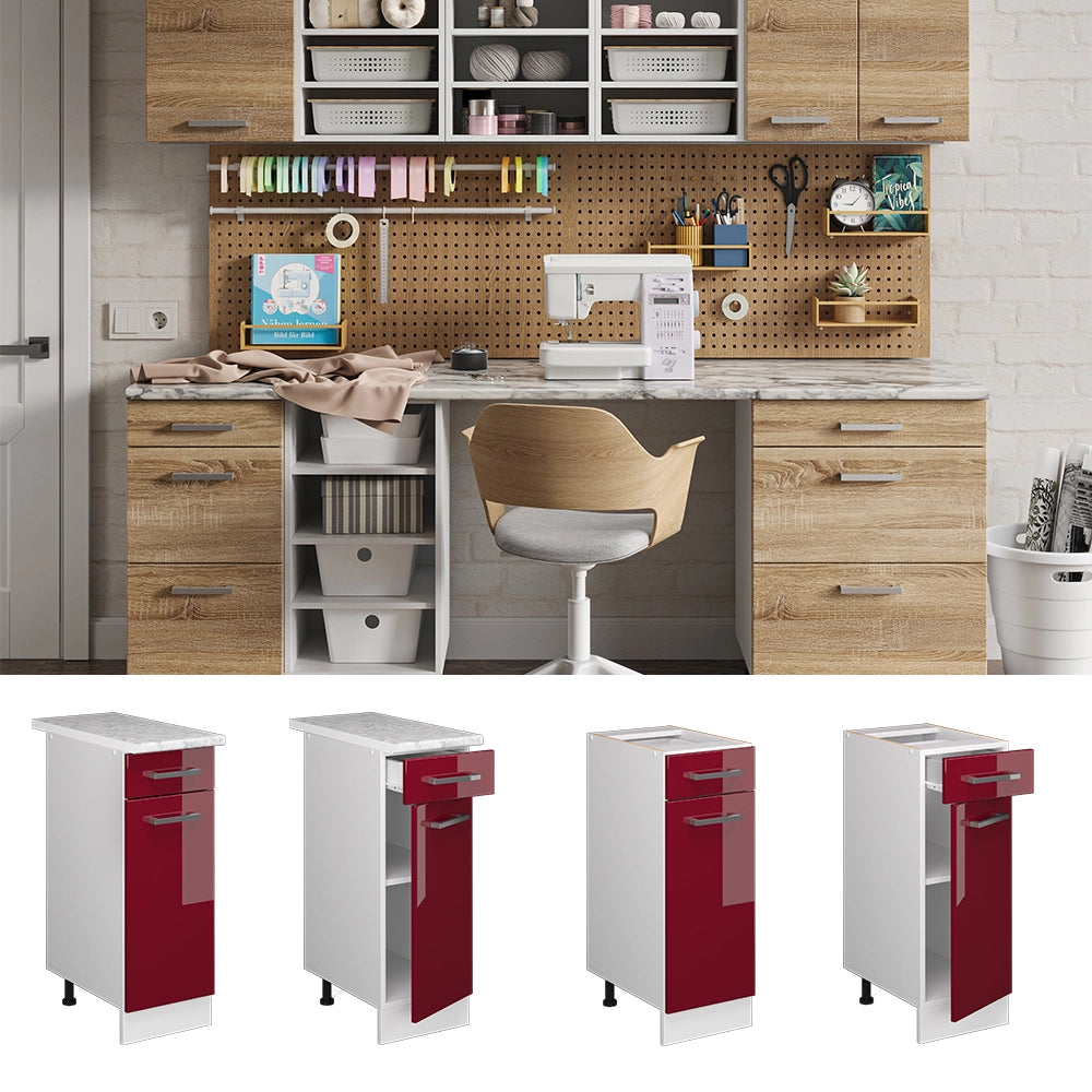 Vicco Base universale Rosso bordeaux lucido 30 cm con cassetto, senza piano di lavoro