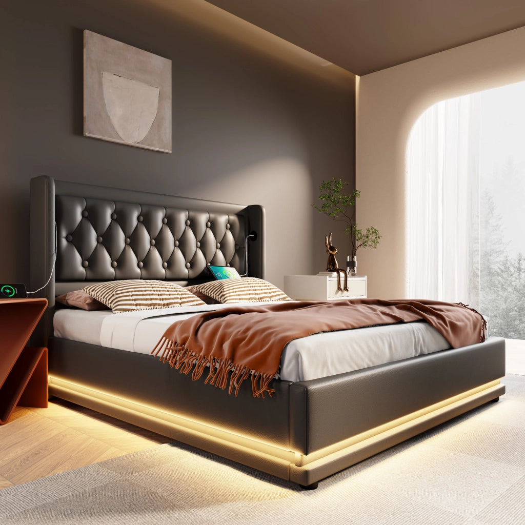 Letto matrimoniale imbottito ULEVR 180x200 cm con contenitore idraulico, LED, USB e Type-C, PU nero