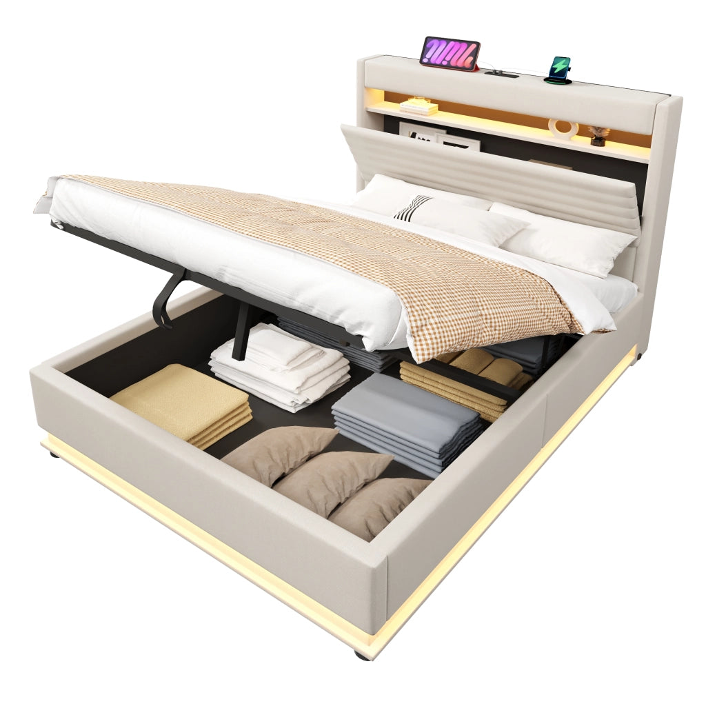 Letto Contenitore 140x200 cm; Letto Matrimoniale; USB; Tipo C e LED Regolabile - Beige