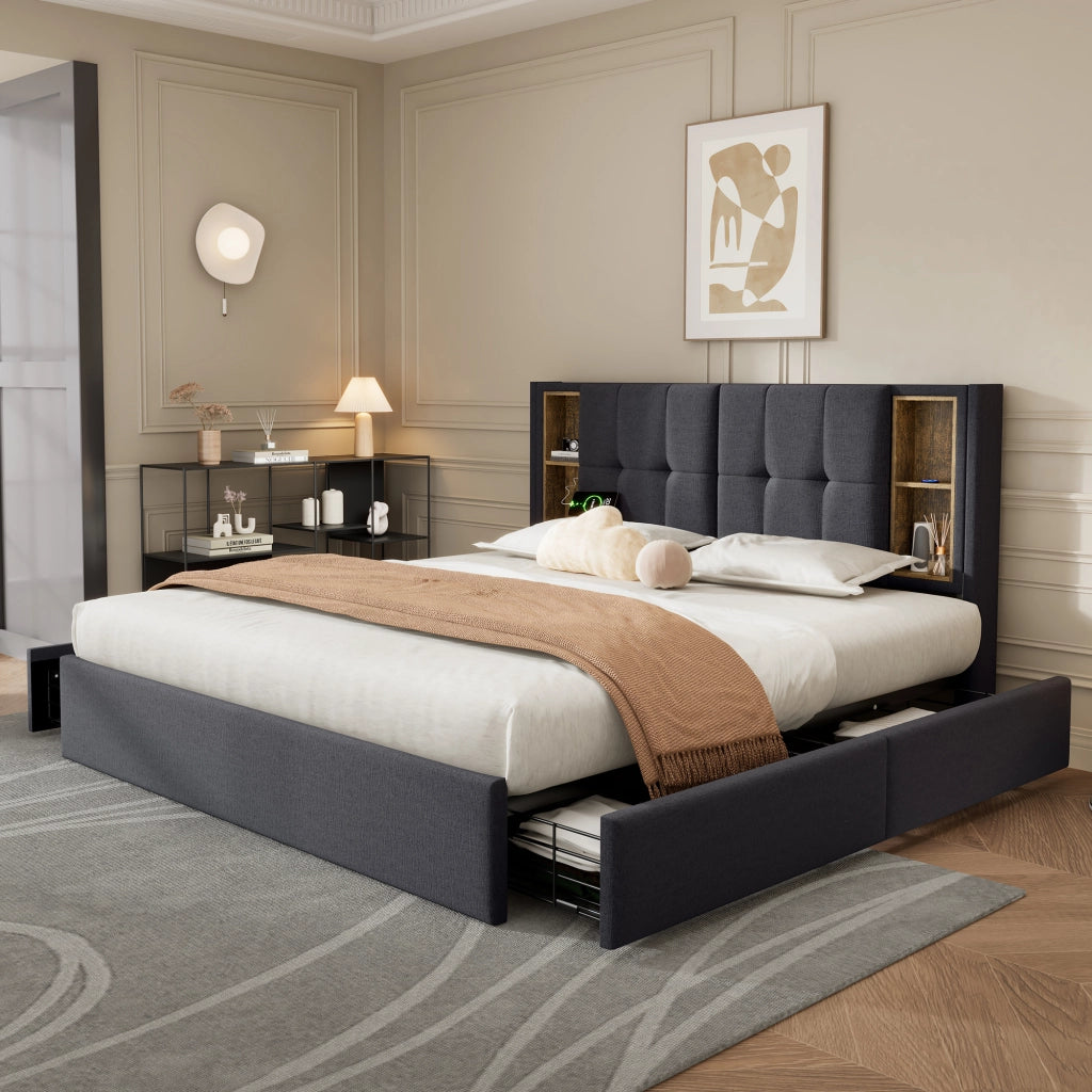 Letto matrimoniale 160x200 cm con ricarica wireless, USB e 4 cassetti, struttura in lino grigio con materasso