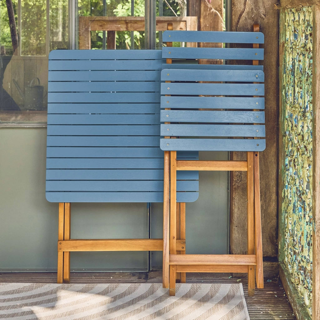 Set tavolo da giardino in legno di acacia con 2 sedie pieghevoli, blu