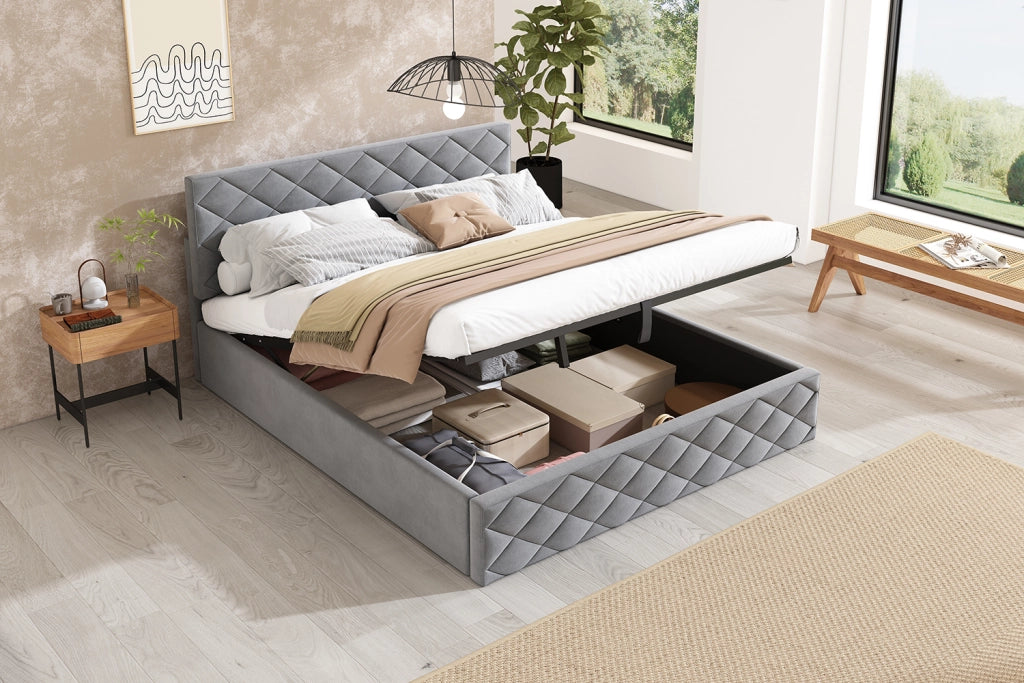 DESMIU Letto contenitore 140 × 200 cm matrimoniale con contenitore idraulico, senza materasso, velluto grigio