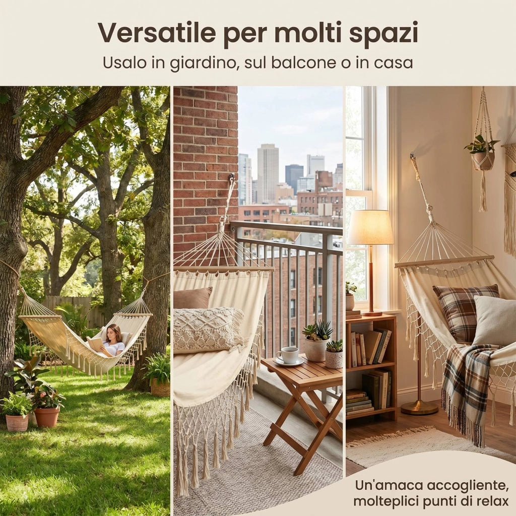 Marvin Amaca da Giardino Indonesia, Letto Dondolo da Esterno Campeggio, Barre di Legno, in Cotone Tessuto  BEIGE 200x150