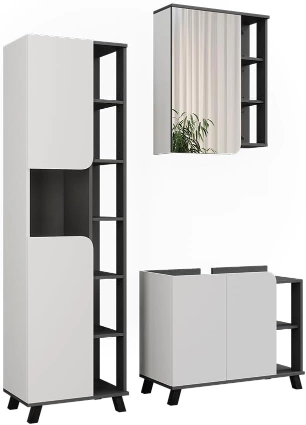 Set di mobili da bagno Karen, Antracite/bianco, 80 cm, composto da mobile sottolavabo, specchiera e colonna alta