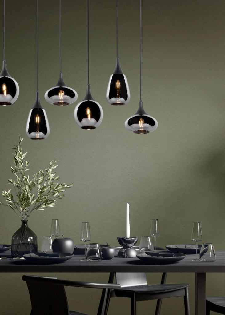 Lampada a sospensione 6 diffusori, metallo, nero e fumé, L 85 cm, Lumina