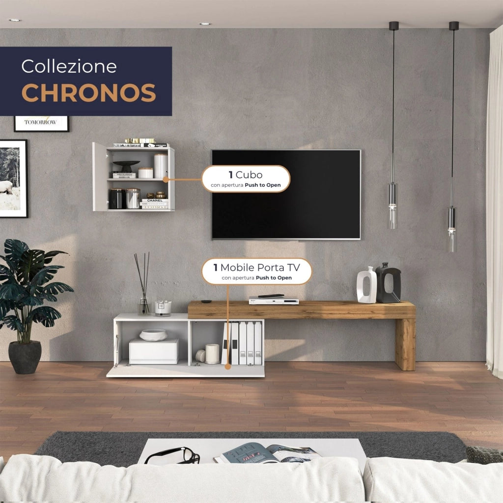 WHOUS Parete attrezzata Chronos set soggiorno bianco lucido e rovere 180/290x40 cm