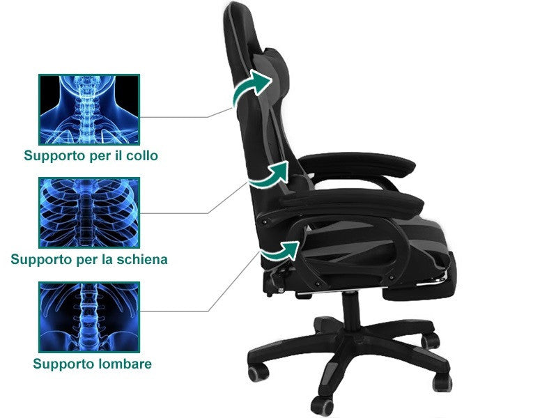 Sedia Poltrona Gaming Ergonomica Reclinabile con Poggiapiedi Poggiatesta e Supporto Lombare Ruote Girevoli Nero/Grigio HLD-920