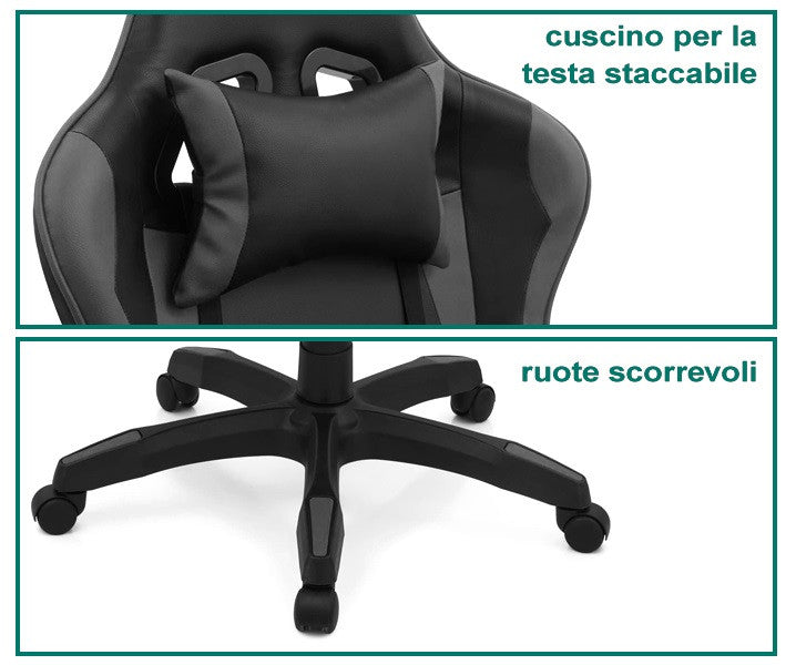 Sedia Poltrona Gaming Ergonomica Reclinabile con Poggiapiedi Poggiatesta e Supporto Lombare Ruote Girevoli Nero/Grigio HLD-920