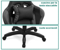Sedia Poltrona Gaming Ergonomica Reclinabile con Poggiapiedi Poggiatesta e Supporto Lombare Ruote Girevoli Nero/Grigio HLD-920