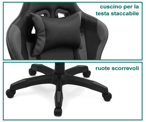 Sedia Poltrona Gaming Ergonomica Reclinabile con Poggiapiedi Poggiatesta e Supporto Lombare Ruote Girevoli Nero/Grigio HLD-920