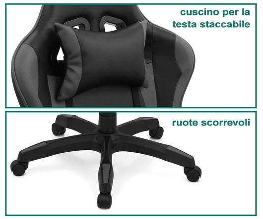 Sedia Poltrona Gaming Ergonomica Reclinabile con Poggiapiedi Poggiatesta e Supporto Lombare Ruote Girevoli Nero/Grigio HLD-920