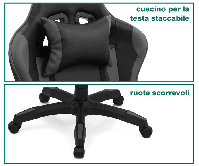Sedia Poltrona Gaming Ergonomica Reclinabile con Poggiapiedi Poggiatesta e Supporto Lombare Ruote Girevoli Nero/Grigio HLD-920