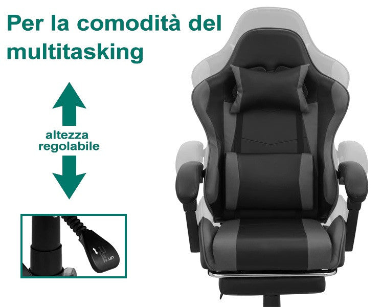 Sedia Poltrona Gaming Ergonomica Reclinabile con Poggiapiedi Poggiatesta e Supporto Lombare Ruote Girevoli Nero/Grigio HLD-920