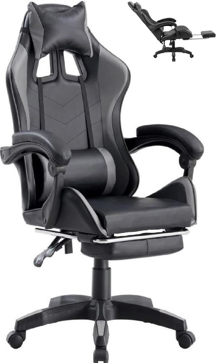 Sedia Poltrona Gaming Ergonomica Reclinabile con Poggiapiedi Poggiatesta e Supporto Lombare Ruote Girevoli Nero/Grigio HLD-920
