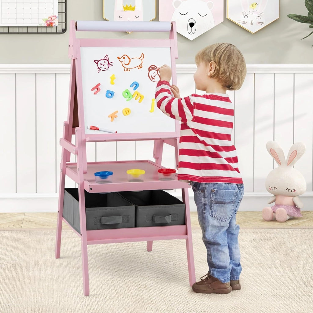 3 in 1 Cavalletto per Bambini, Cavalletto con Doppia Faccia Magnetica e Lavagna Bianca, Rotolo di Carta, 3 Bicchieri per Vernice e 2 Cestini in Tessuto, per Bambini 3-6 Anni (Rosa)