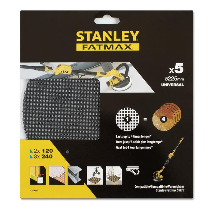 Set Stanley di 5 dischi abrasivi a rete con velcro da 225 mm