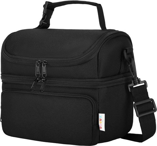 Borsa per pranzo per donne, 7,5L piccola borsa per bambini, due compartimenti, borsa per pranzo isolata con cinturino e maniglia rimovibile per scuola, picnic, viaggi, festa, nera