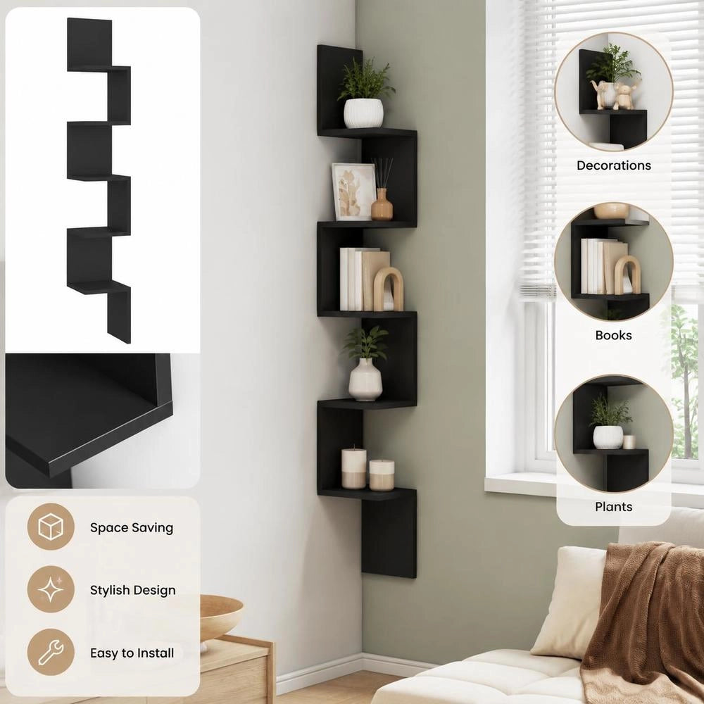 Wall Corner Shelf, Black, 20x20x127.5 Cm, Wood-based Material